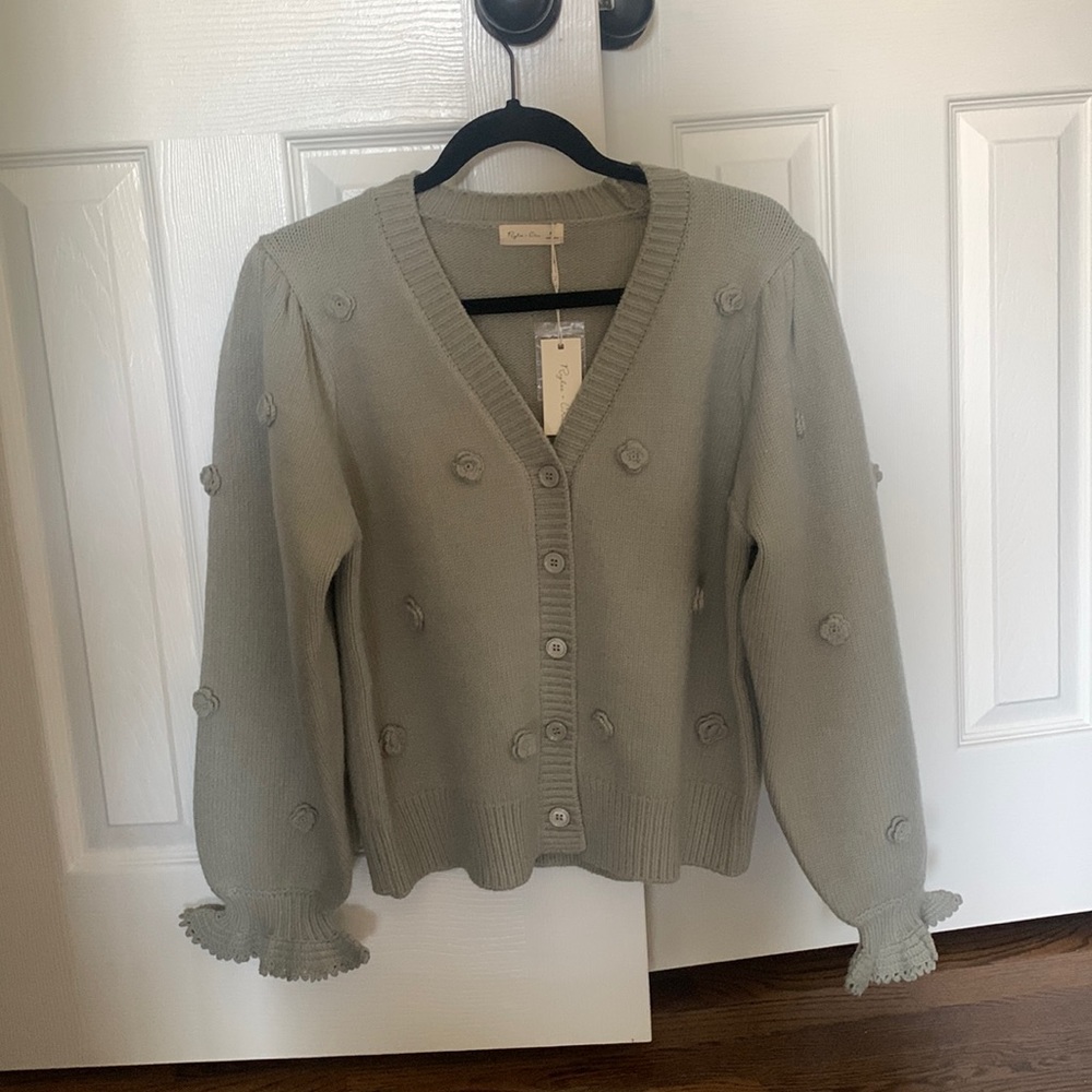 Blue fog flounce cardigan from Rylee + Cru.